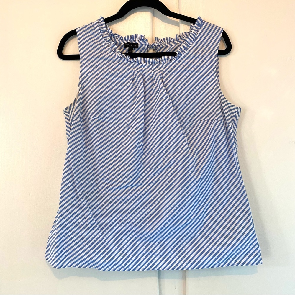 Talbots Blue & White Diagonal Stripe Ruffle Neck Tank Tie Back Detail Summer M